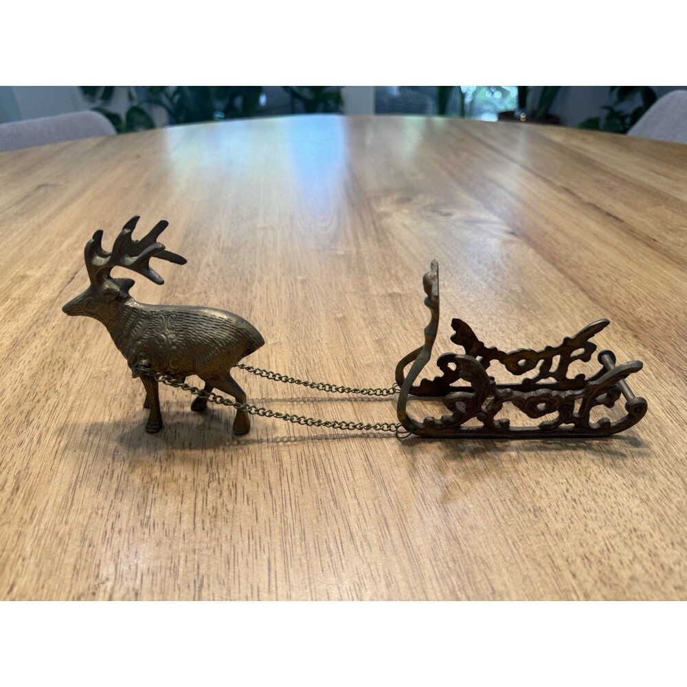 Vintage Brass Reindeer Sleigh Figurine Miniature Christmas Decor Deer & Sled
